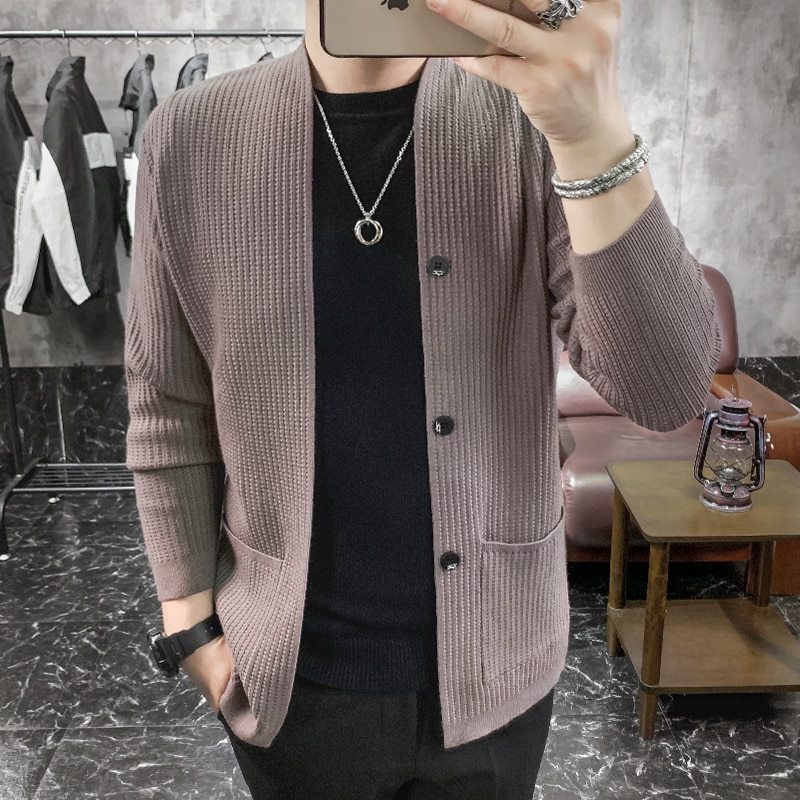 cardigan menn genser klær høst strikk knapp dekor koreansk menn genser frontlomme uformell herre cardigan