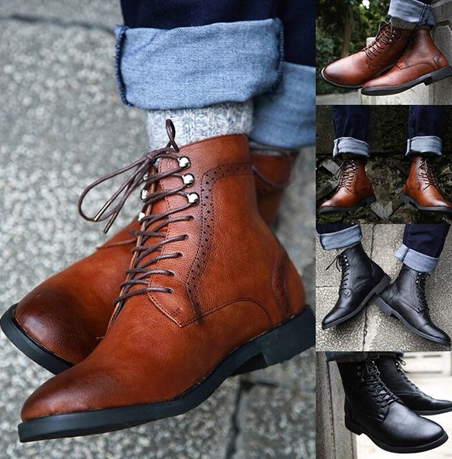 Botas de cuero sintético con tacón bajo para hombre, zapatos informales de encaje, con punta redonda, estilo Martin, 4M024