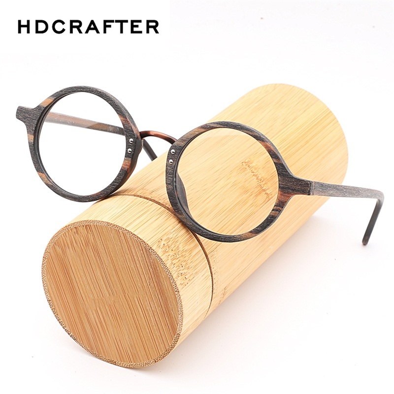 Hdcrafter vintage træ runde øjne briller ramme nærsynethed rammer klar linse til kvinder træ læsning klare briller briller