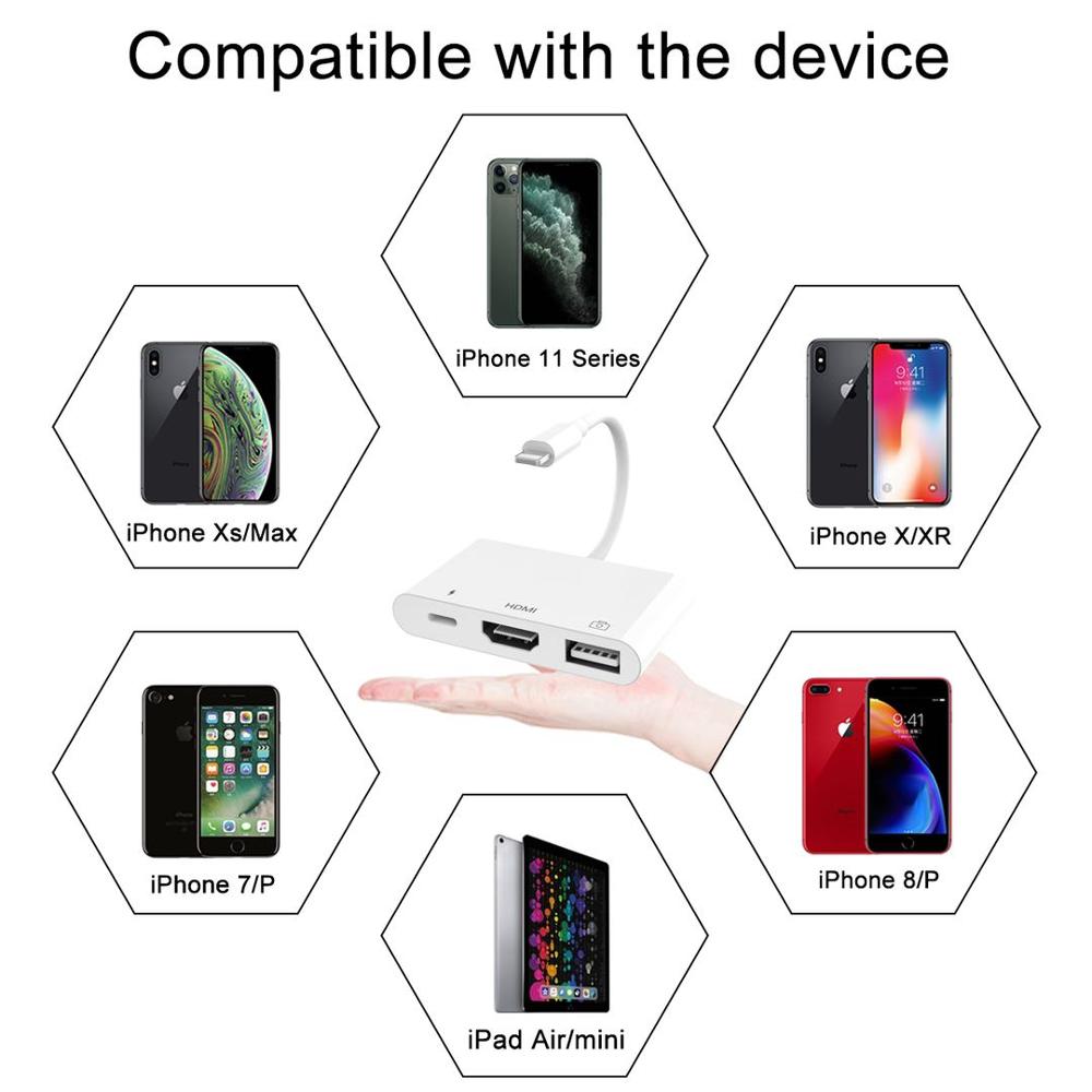 3 In 1 Hub Voor Lightning Digital Av Adapter Iphone 11 Pro Max, Ipad Air Mini, xs Xr 8 Plus 7, Hdmi Converter Usb Opladen Video