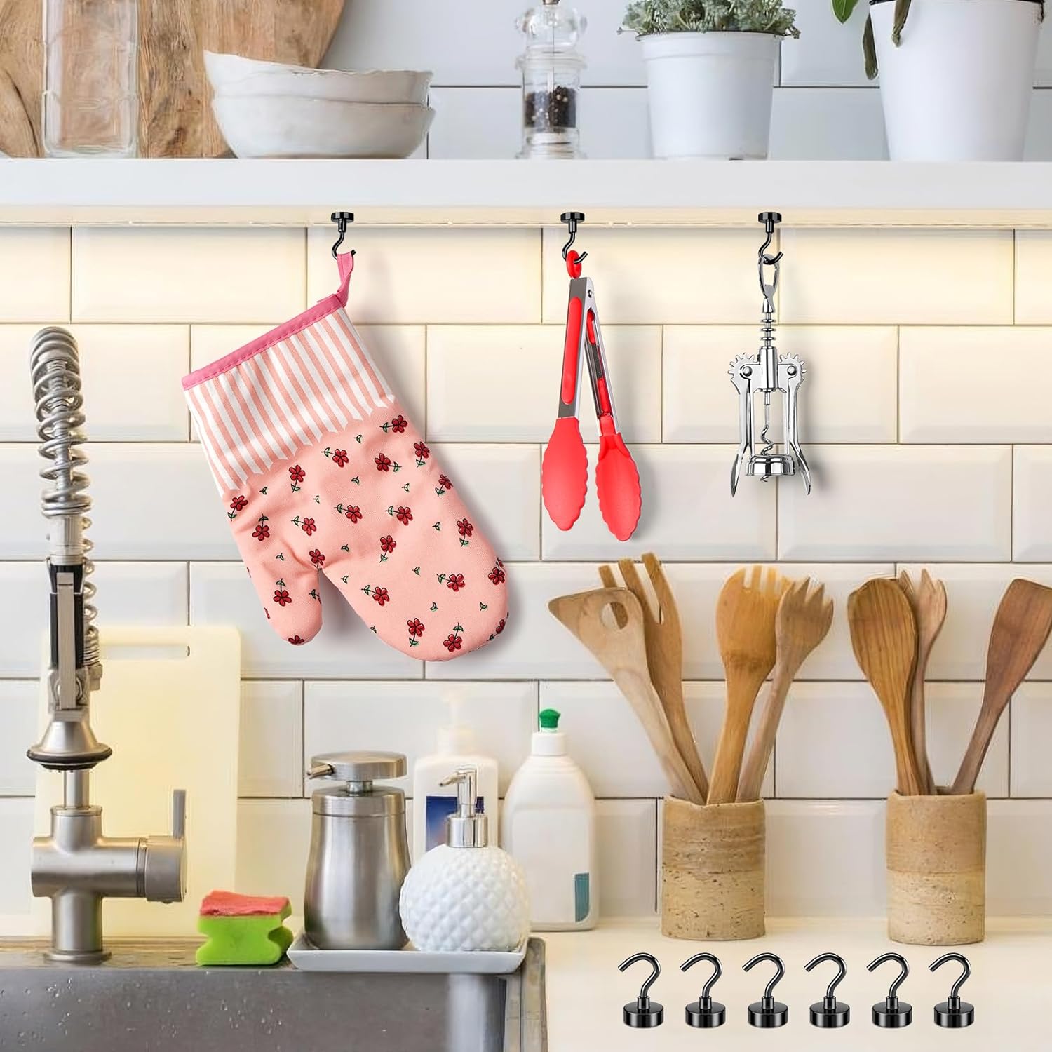 Magnetic Hooks, Black Magnet Hooks Strong Neodymium Magnets with Hooks, Small Metal Magnetic Hooks for Refrigerator，Locker