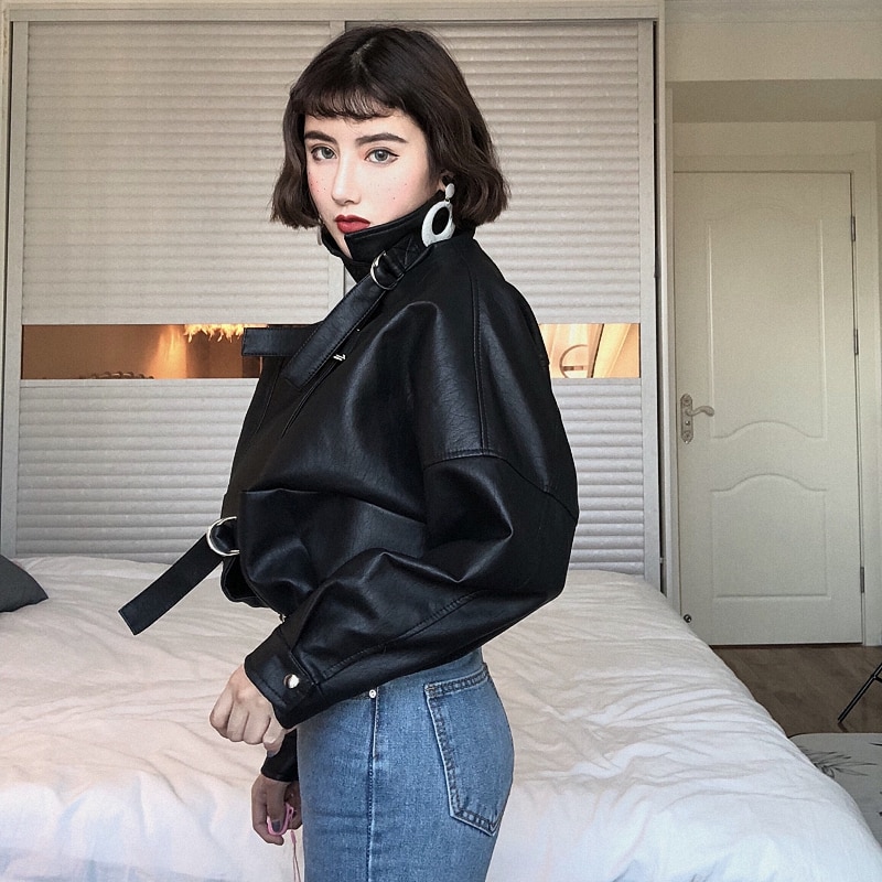 Oversize Women Faux Leather Jacket Batwing Sleeve Moto Biker Coat Short Zipper PU Black Jacket Spring Street Leather Coat PY102