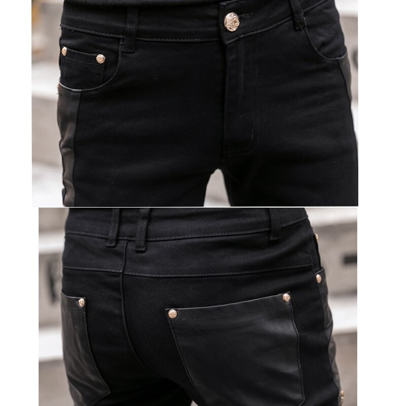Pu læderbukser mænd imiteret læderbukser skinny koreansk lynlås patchwork bukser sorte blyantbukser mænd