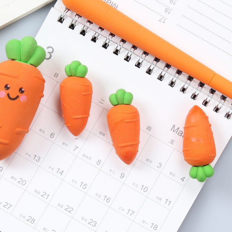 3pcs/pack Lovely Carrot Pencil Rubber Eraser Primary Student Promotional Kawaii Stationery School Supplies