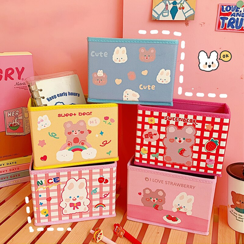 Cesta de almacenamiento de oso no tejido para niños, organizador de escritorio, caja de almacenamiento de artículos diversos, cestas plegables, soporte para papelería de oficina