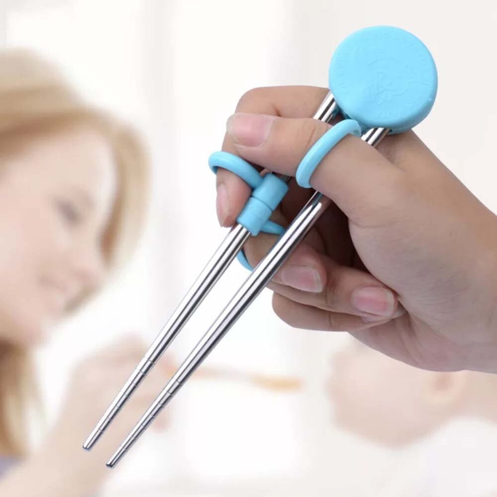 Portable Kids Learning Training Chopsticks Cute Stainless Steel Chop Sticks For Kids Child Enlightenment Pig: Blue