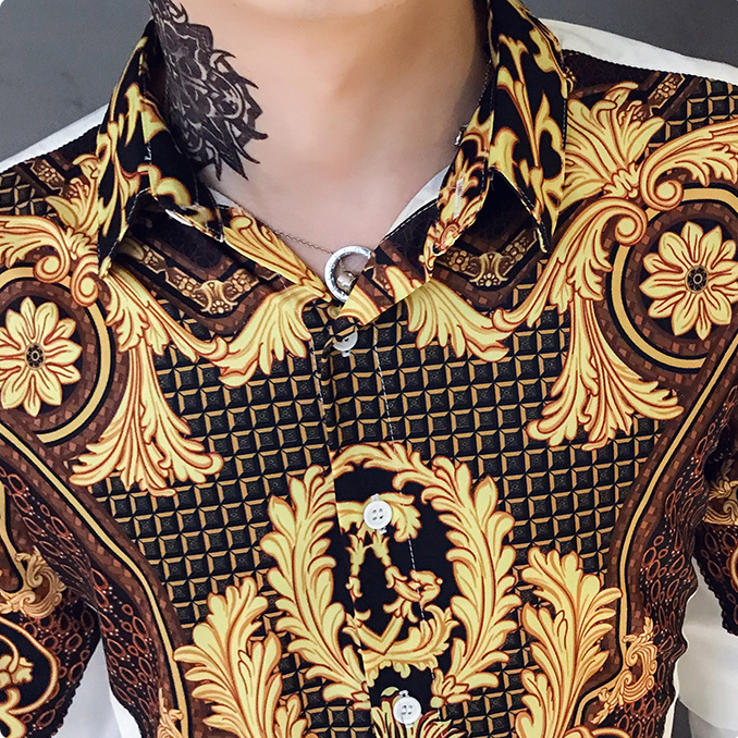 Casual blus homme barock bankettskjorta paisley svart guld herrskjorta lyx koreansk herr långärmade skjortor herr slim fit