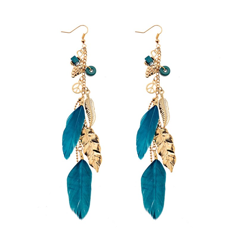 Ethnic Blue Feather Long Earrings For Women Gypsy Jhumka Jhumki Chain Indian Beads Earrings Handmade Oorbellen HXE058: 138-5