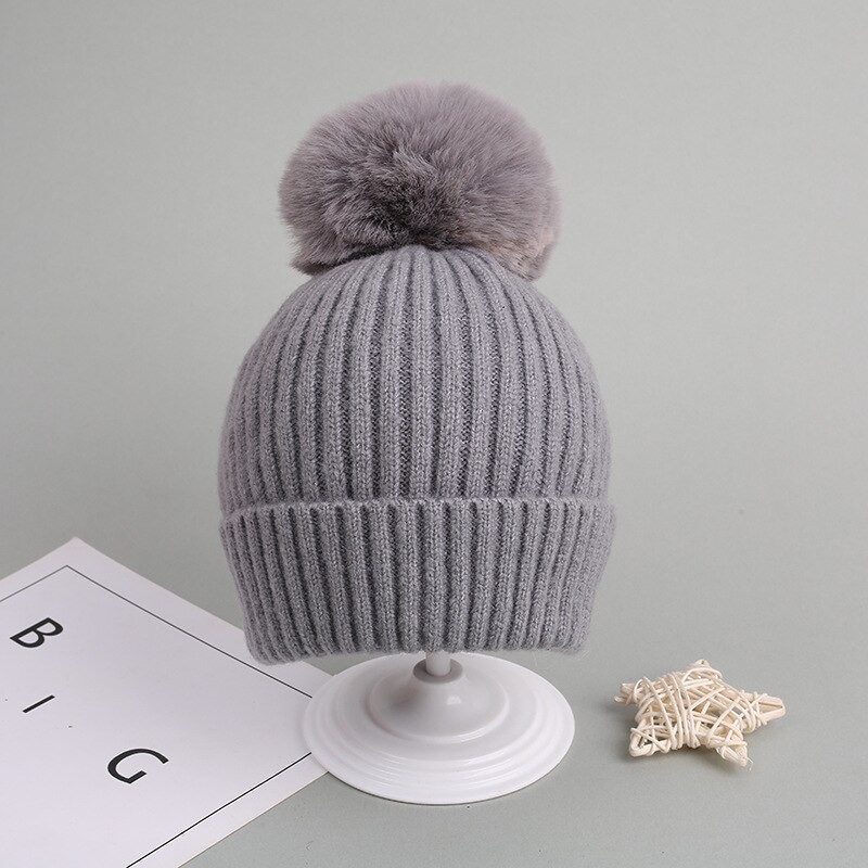 Bonnet tricoté épais et pour enfant, chapeau à pompon, couleur unie, accessoires pour fille et garçon, automne et hiver: Gray