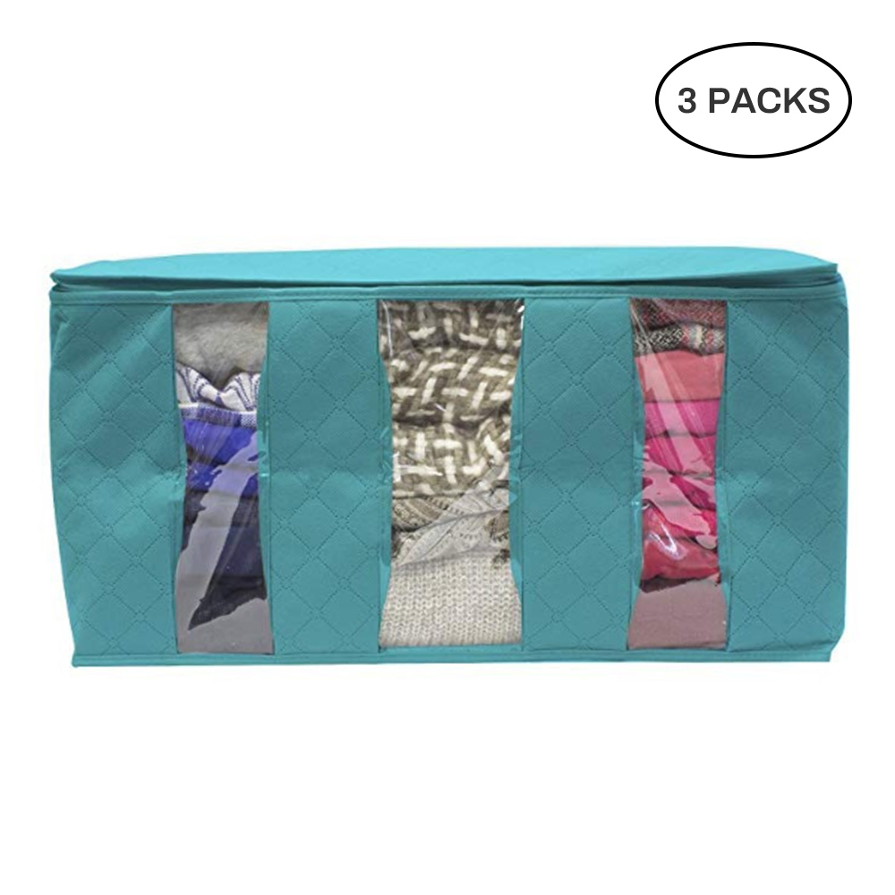 1 Uds. Bolsa de ropa de edredón caja de almacenamiento de tela no tejida con asas plegable a prueba de humedad Caja de almacenamiento sellada organizador transparente: E-blue 3pcs