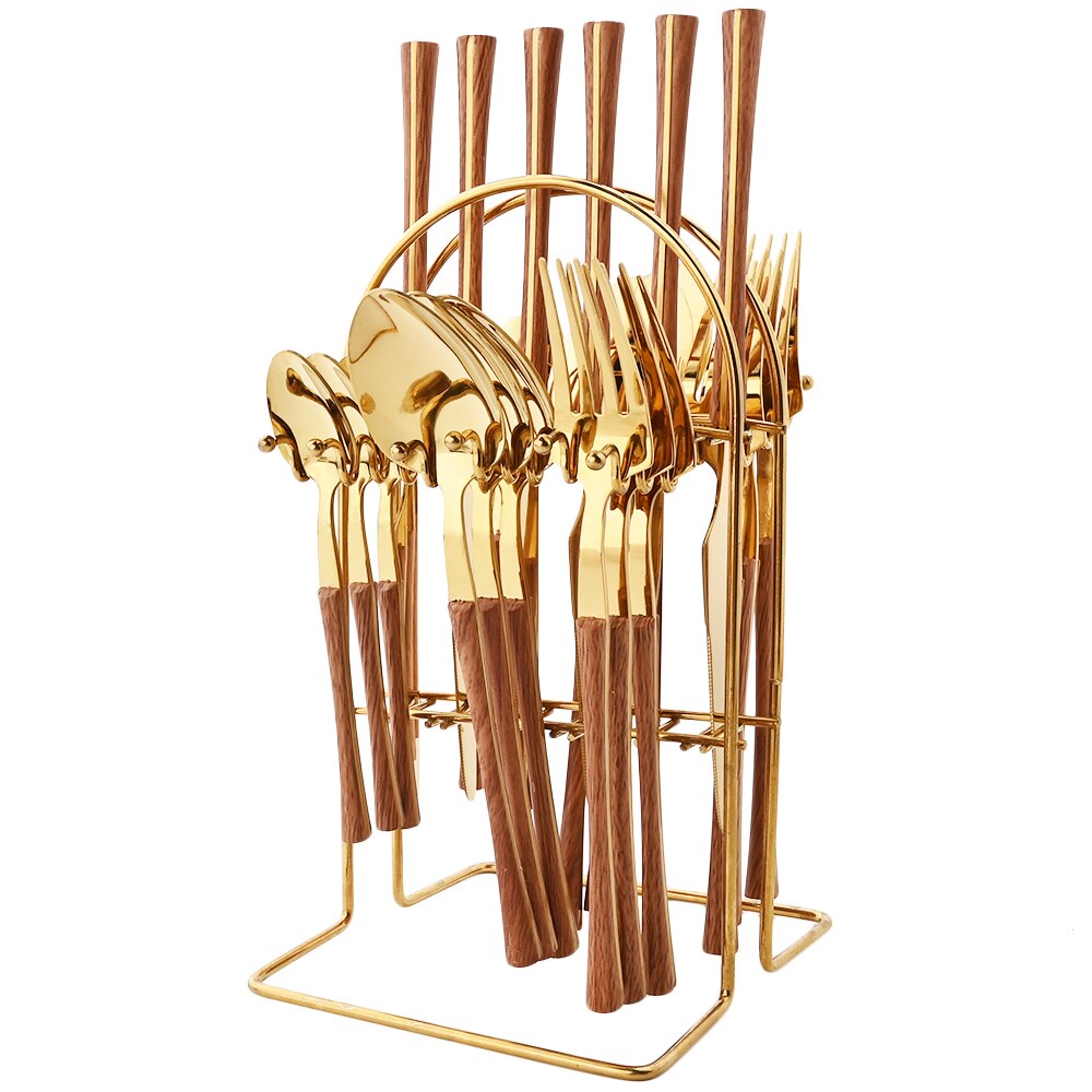 24Pcs Imitatie Hout Serviesje Rvs Servies Bestek Messen Thee Lepel Vorken Met Opslag Bestek Rek Geschenkdoos: Brown Gold and Rack