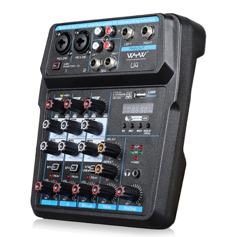 Wyw 4- kanal tragbares digitales audiomischpult mit soundkarte, bluetooth, usb , 48v und phantomspeisung für dj-pc-aufnahmen