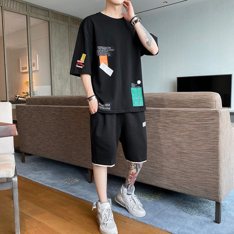 Kortermet herre fritidssportsdress ungdom løse klær sommer kul pustende treningsshorts todelt dress