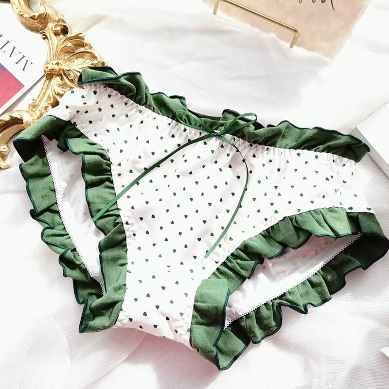 Women&#39;s Cotton Briefs Large Sizes Sexy Printing Ruffles Bow Kawaii Dots Cute Cotton Panties Plus Size Female Underwear 5XL 6XL: Green / 6XL