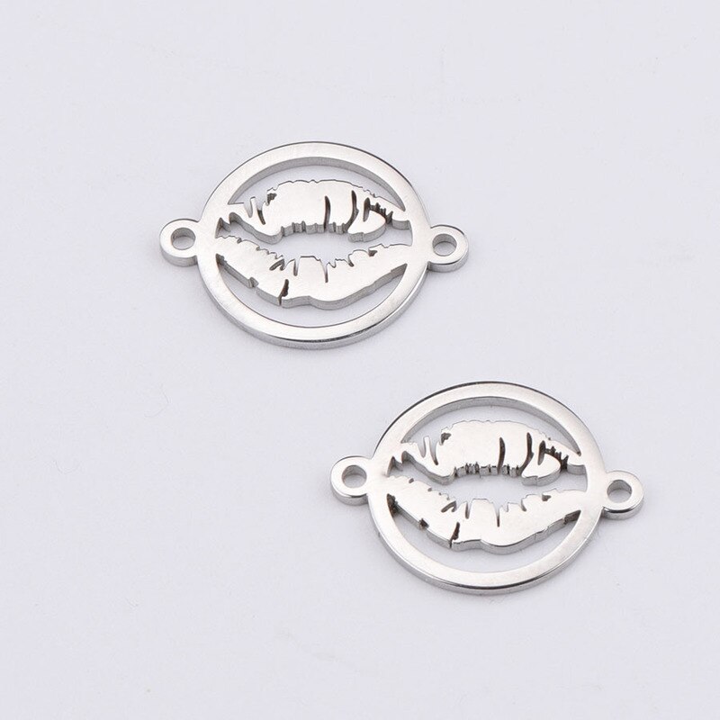 Aiovlo 5pc/lot Stainless Steel Silver Gold Metal Lips Charm Connector for Bracelet Necklace Hollow Pendants Diy Jewelry Making