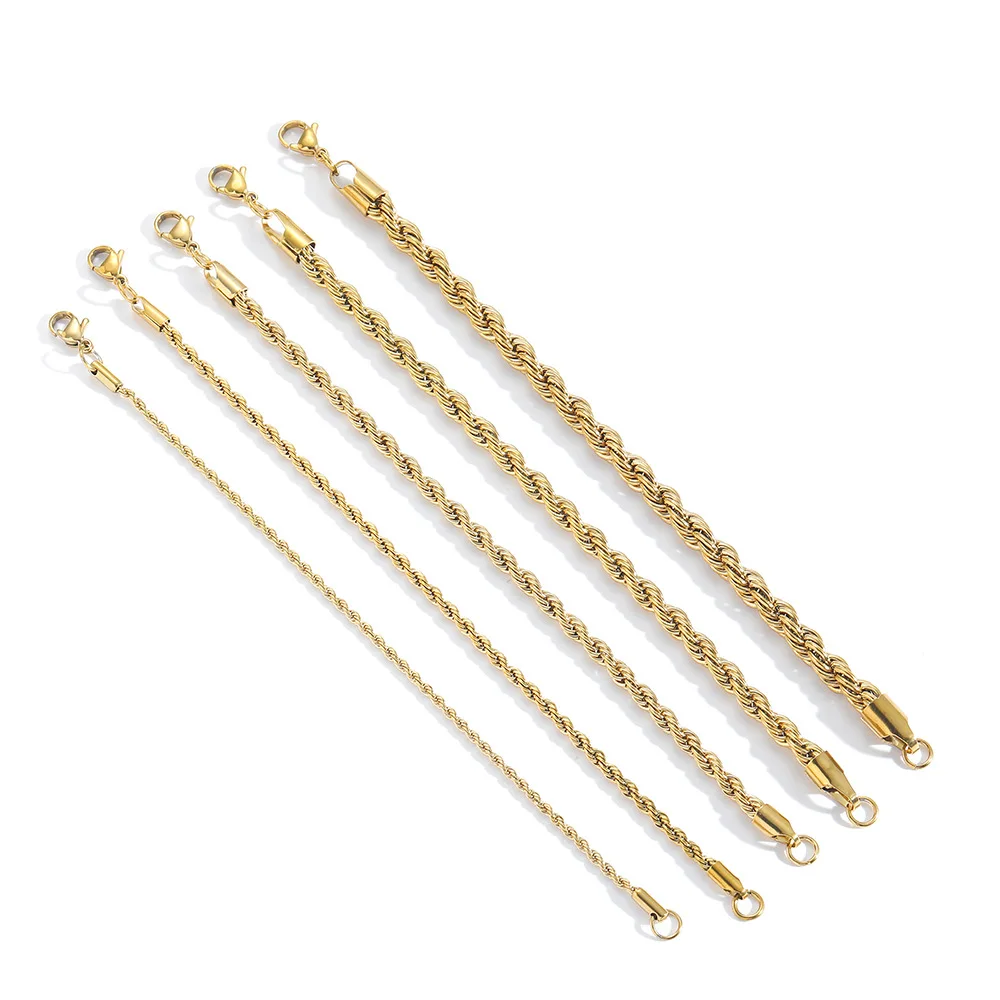 Armbånd i Rustfritt Stål 2-6mm Gullfarge - Tvinnet Rebkjede - Unisex - Karabinkrok