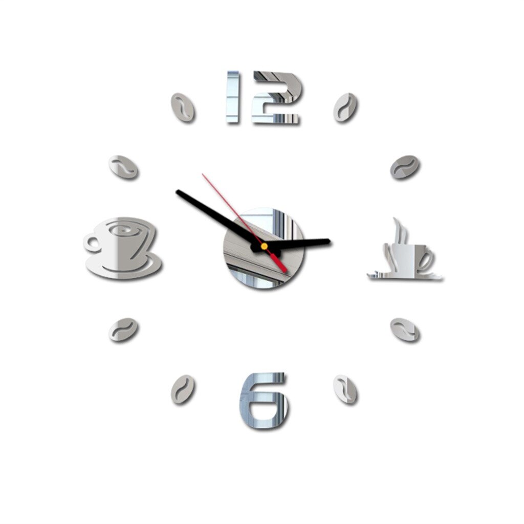 Coffee Cup Print 3d Clocks Diy Roman Numbers Acrylic Mirror Wall Sticker Clock Home Decor Mural Decals Часы Настенные: Silver