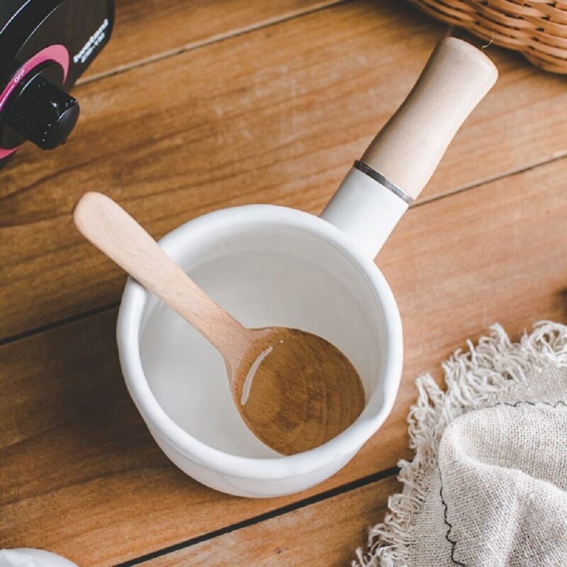 Bandeja de leche esmaltada, Mini calentador de mantequilla 10cm esmaltado cacerola sartén utensilios de cocina con mango de madera, tamaño perfecto para calentar más pequeño L