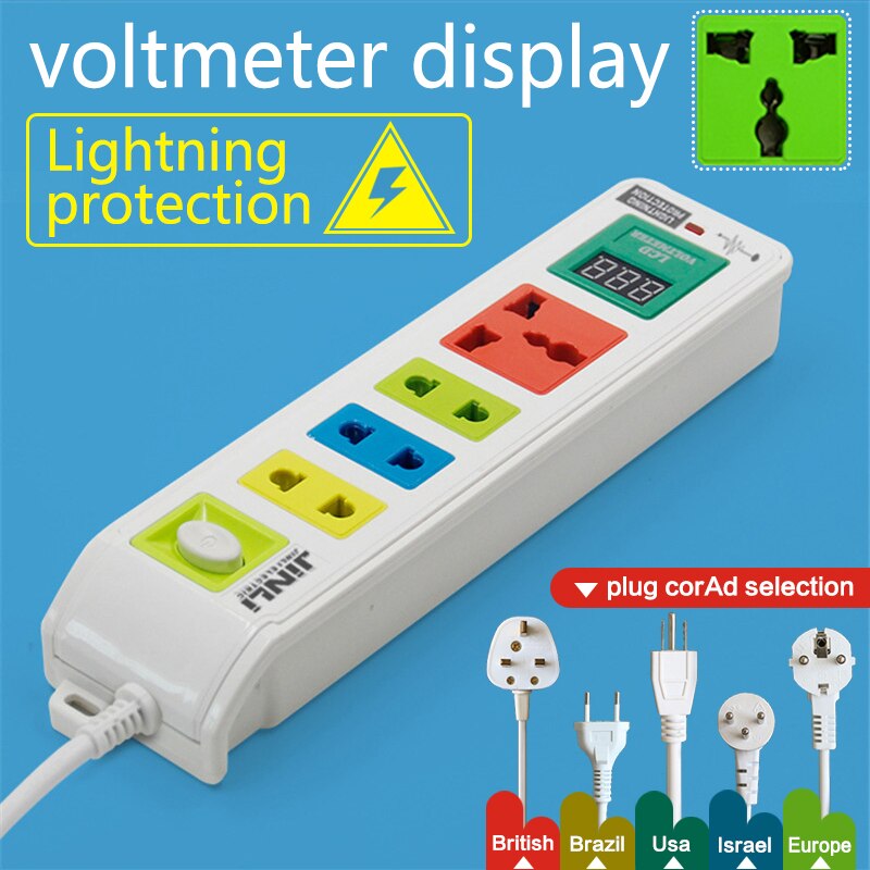 AU EU UK US 4 Outlet voltmeter socket with Lightning protection system