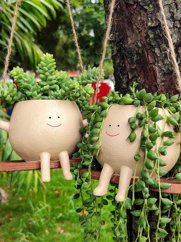 User inière en résine avec visage souriant et ficelle, pot unique, visage oscillant, accessoires de jardin