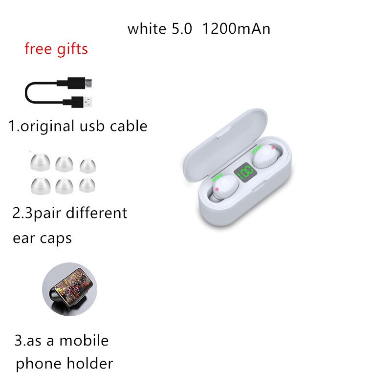 F9 Wireless Headphones Bluetooth 5.0 Earphone with Headphones Charge Box Sports Headset Ear Buds with Dual Microphone: white 1200
