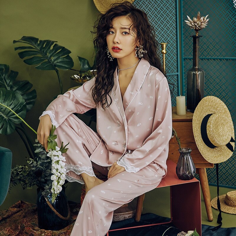 Kobiety satynowa bielizna nocna sweter luksusowy lodowy jedwab piżama odzież domowa kwiaty z długim rękawem koszula nocna zestawy gorąca sprzedaż piżamy: Różowy / L