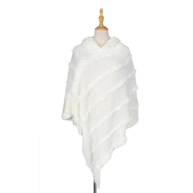 Höststickad poncho dam päls huva ponchos och kepsar vinter utomhuskläder filt kappa femme fleecetröja cardigan plus size: Vit