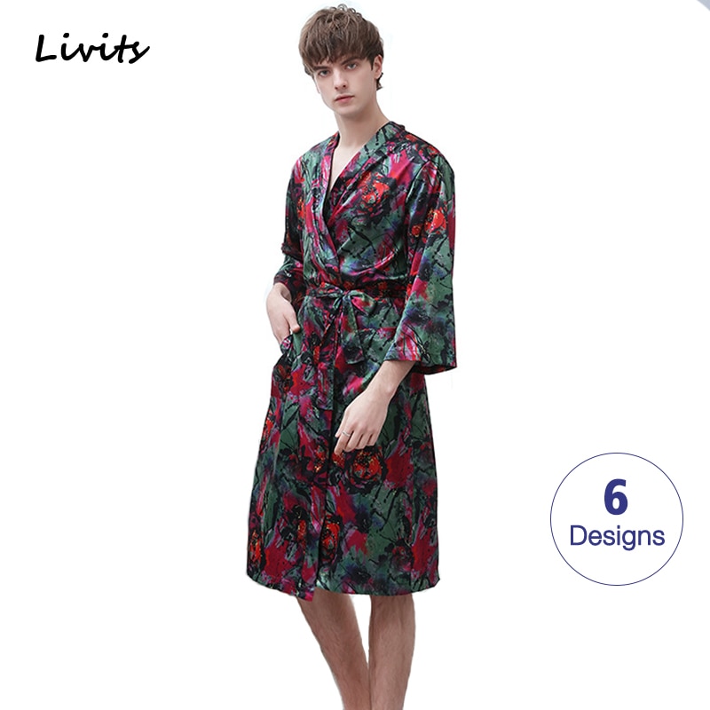 Herre pyjamas morgenkåbe satin silke lang kimono badekåbe nattøj nattøj hjemmetøj blomstret langærmet casual til mænd