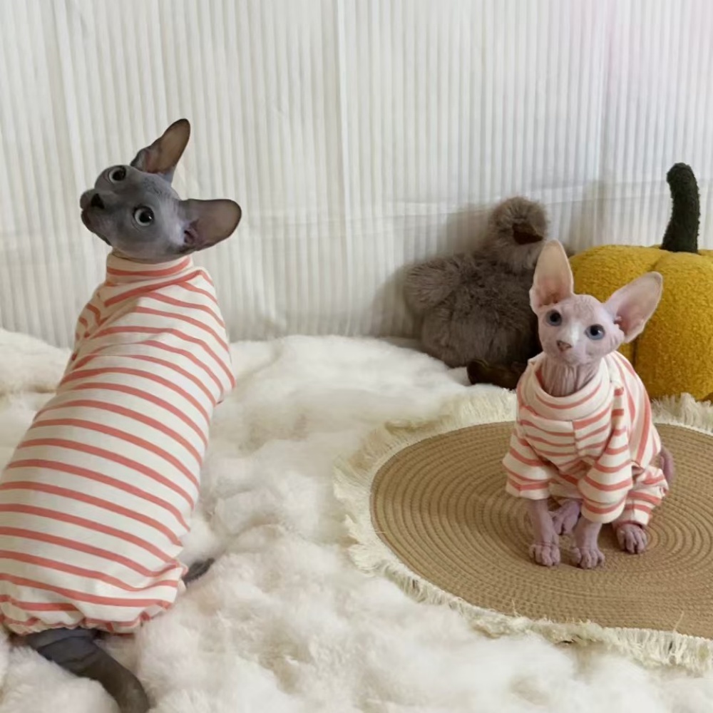 Lange mouwen katoenen 4-poots jas voor Sphynx kat zacht cartoon shirt voor kittens honden roze witte pyjama voor vrouwelijke kat dierbenodigdheden