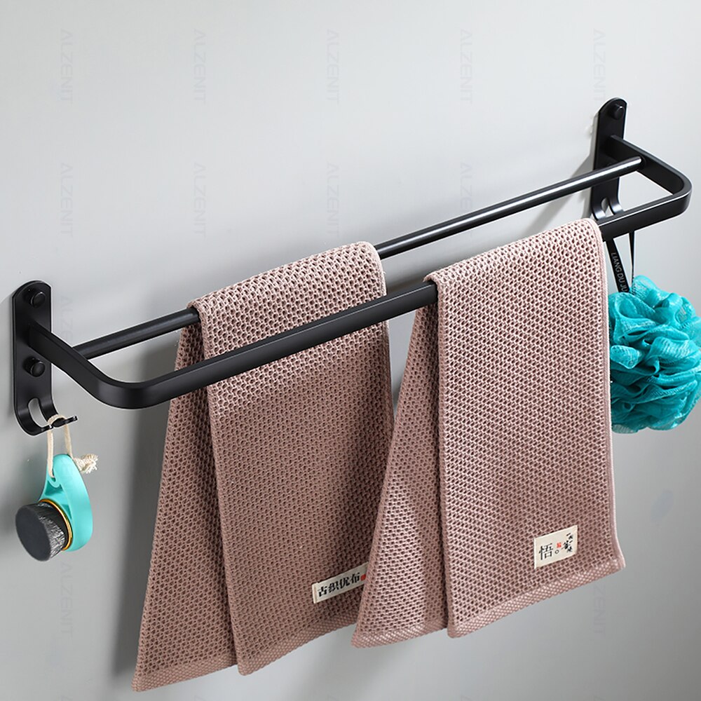 Handdoek Bar 40-60Cm Dubbele Stang Rail Rack Met Haak Wall Mount Holder Badkamer Accessoires Matte Zwarte Douche hanger Aluminium Plank