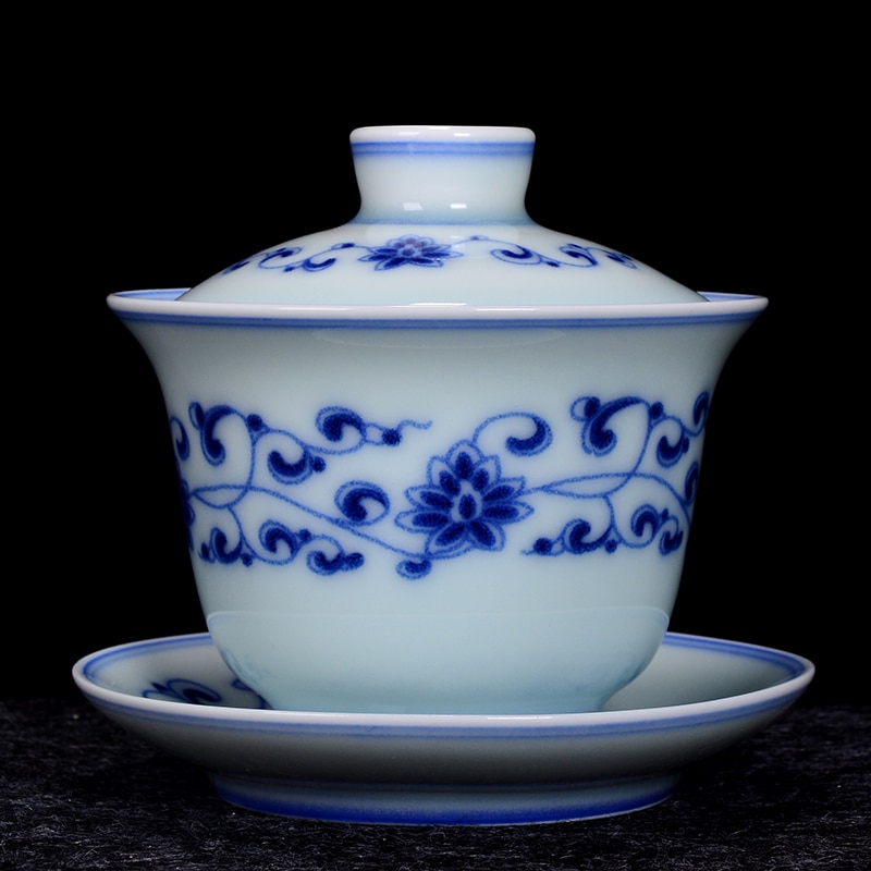 225ml jingdezhen blå og hvid porcelæn gaiwan kung fu te sæt drinkware master te skåle med bakke låg sæt tekande dekoration: B