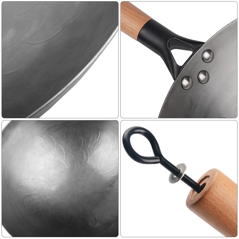 Casserole chinoise en fonte de 34CM, Wok à fond rond antiadhésif Non revêtu avec manche en bois de hêtre pour cuisinière à gaz, ustensiles de cuisine