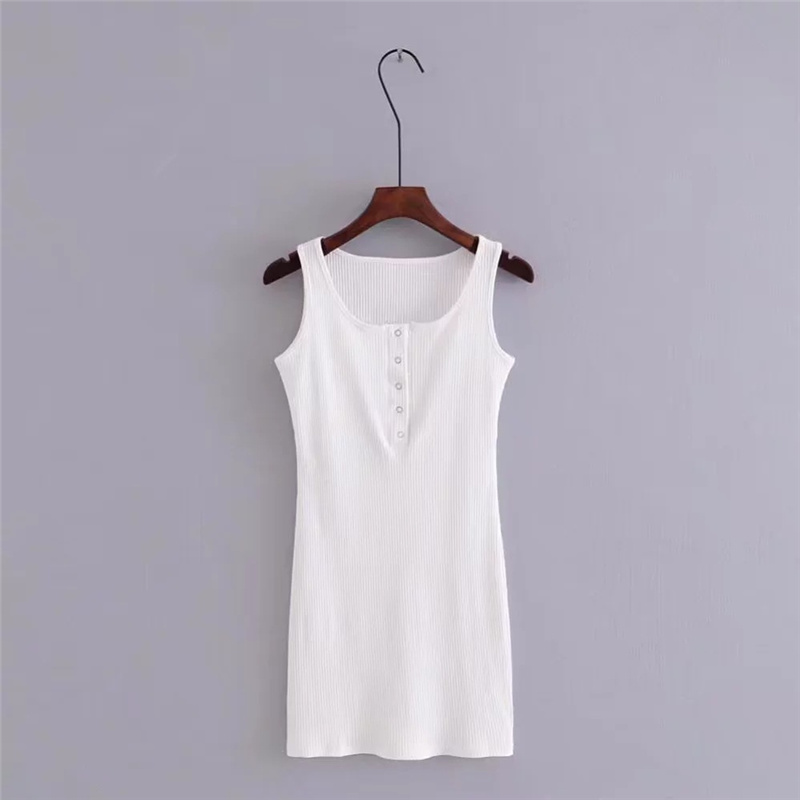 Ellacey Spring Summer Knitted Dress Female O-neck Button Brief Mini Dress Sleeveless Tank Sheath Bandage Dress: White / M