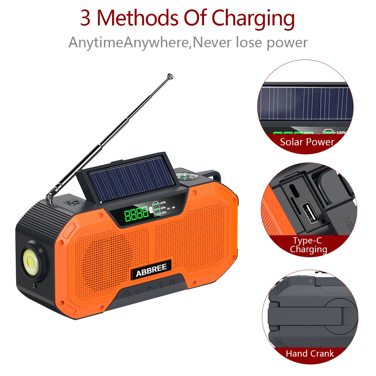 ABBREE IPX5 Waterproof Auto Scan Emergency Radio Solar Hand Crank Portable AM/FM radio 2000mAh/5000mAh with Flashlight