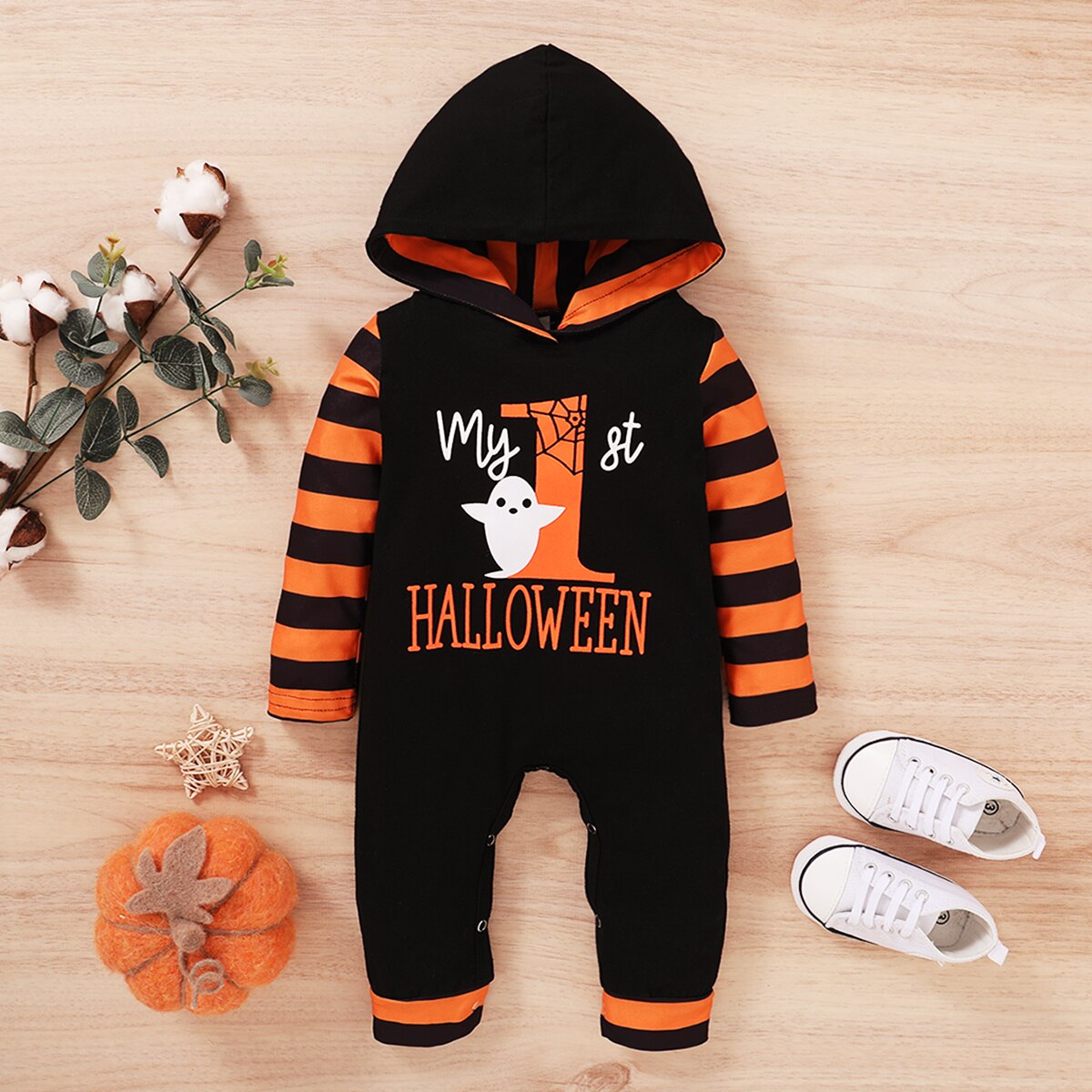 Halloween Pumpkin Romper Toddler Baby Girls Boys Unique Letter Stripe Long Sleeve Jumpsuit Boy’s Hooded Long Pants