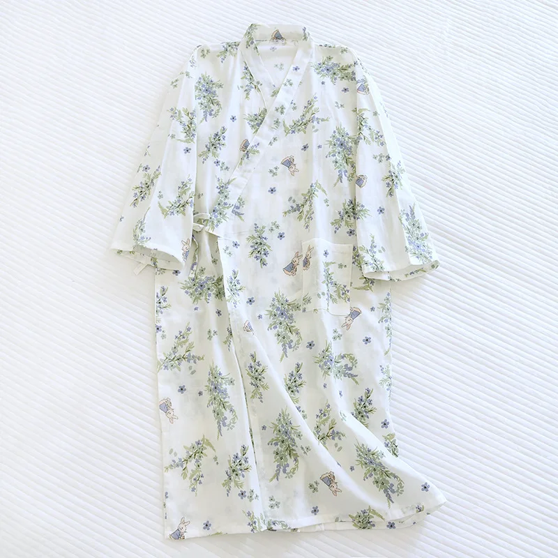 Albornoz tipo kimono de algodón para mujer, ropa de casa holgada, pijamas, batas para mujer, cárdigan estampado multicolor, ropa para dormir, bata para mujer: M / Menta