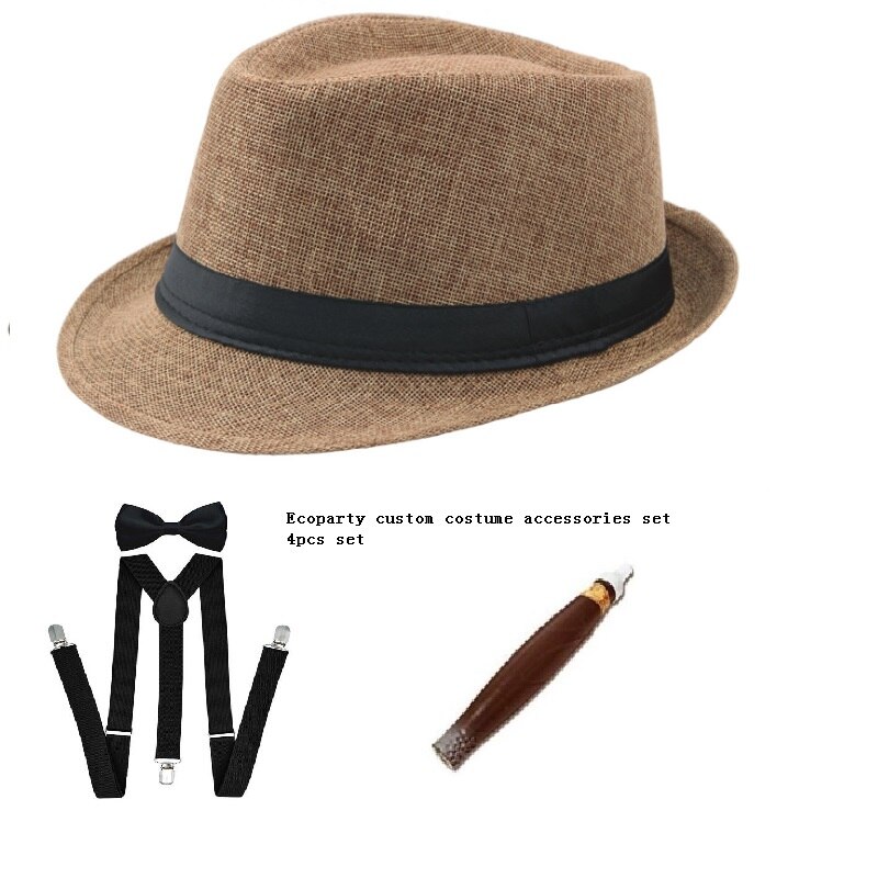 Adult Men's 20's 1920s Gatsby Gangster Costume Accessories Set Halloween Cosplay Party Cap Panama Hat Suspenders: Auburn