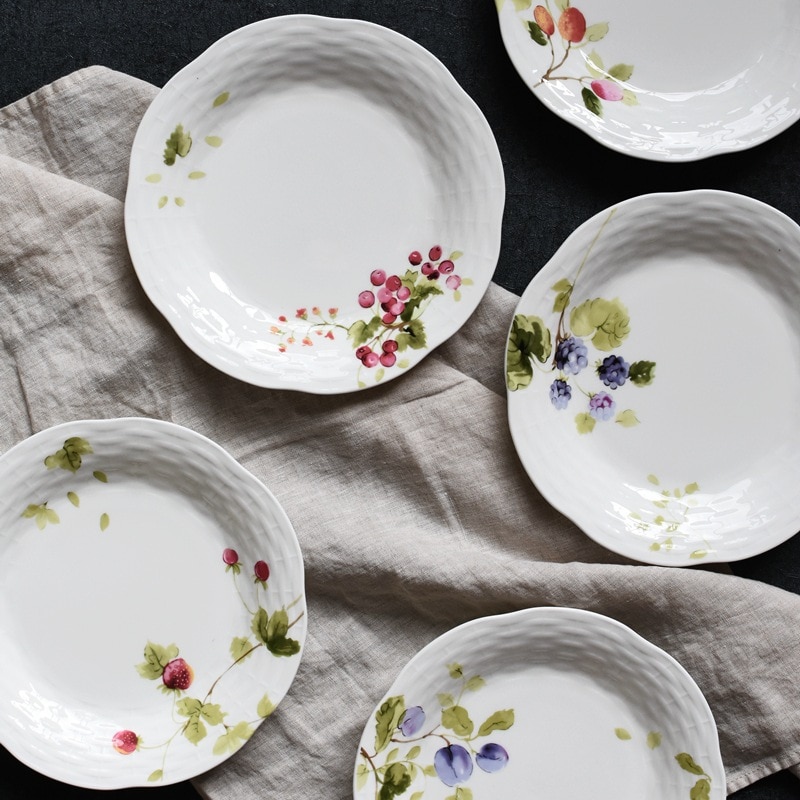 Bone China Plate Steak Plate Western Plate 8 Inch Japanese and Korean Style Orchard Relief Mat Pattern Rice Plate