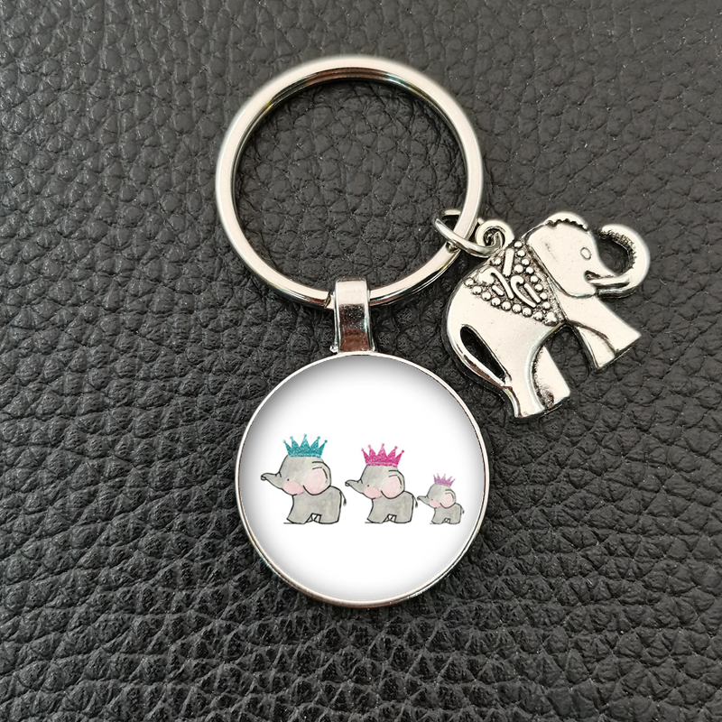 , llavero redondo convexo de cristal con de elefante y elefante bebé hecho a mano, llavero de coche, accesorios de boutique: Dorado rosado
