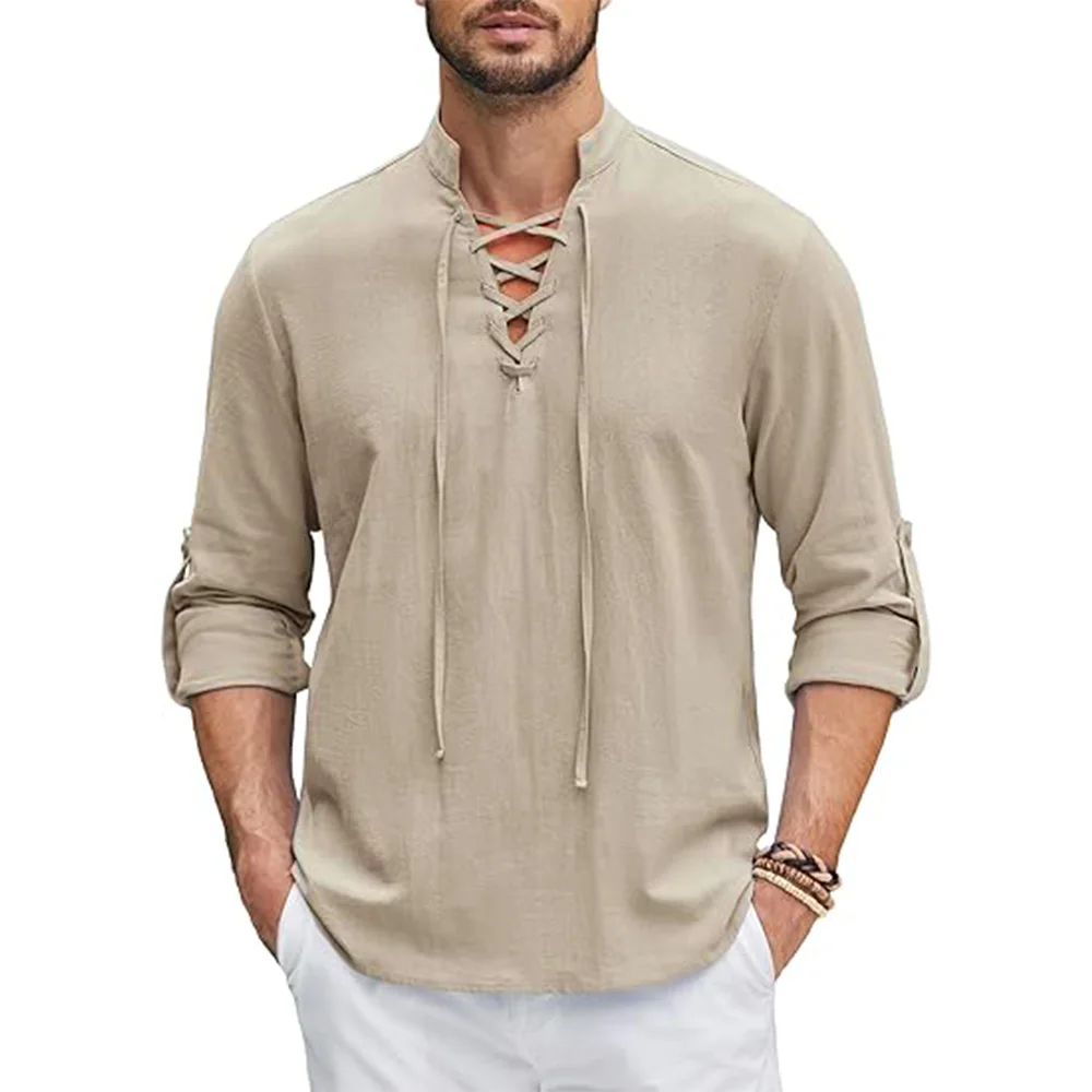 Heren Renaissance Shirt Piraat Middeleeuwse Viking Top Katoenen Linnen Shirts Heren Lange Mouwen Halloween Kostuum: S / Khaki
