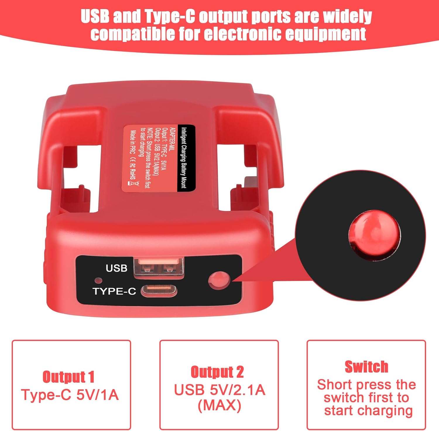 Usb-laderadapter kompatibel med milwaukee 18v- batteri med dobbel utgangsport og usb- og type-c-ladegrensesnitt (kun adapter)