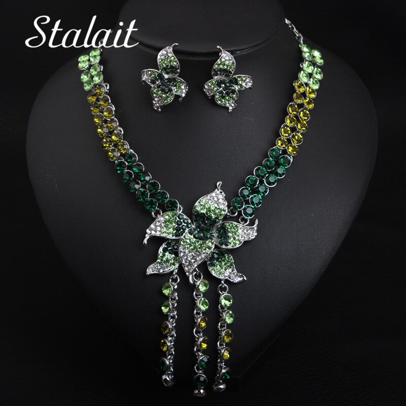 Flower Full Crystal Tassel Necklace Earrings Jewelry Sets Wedding Bridal Party Prom Female Rhinestones Accessories