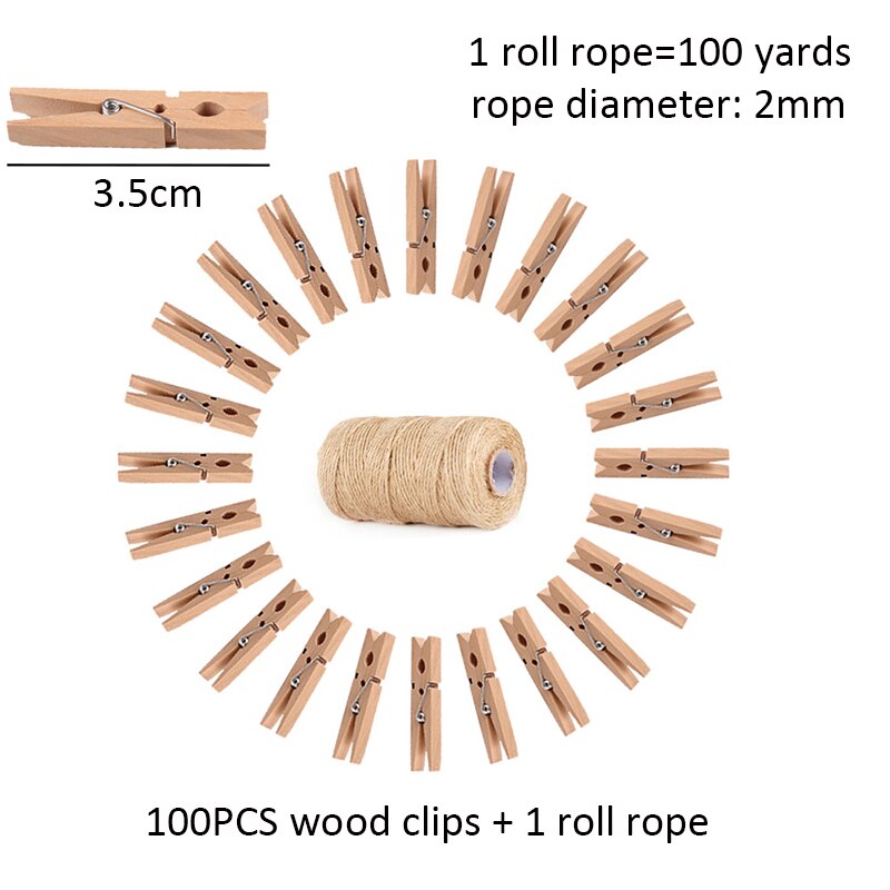 100PCS Mini Houten Clips 100 Yard Hennep Touw Voor Party Home Decoratie Houten Wasknijpers Voor Foto 'S Papier Hout Pinnen 2.5/3.5/4.5cm: 100pcs 3.5cm