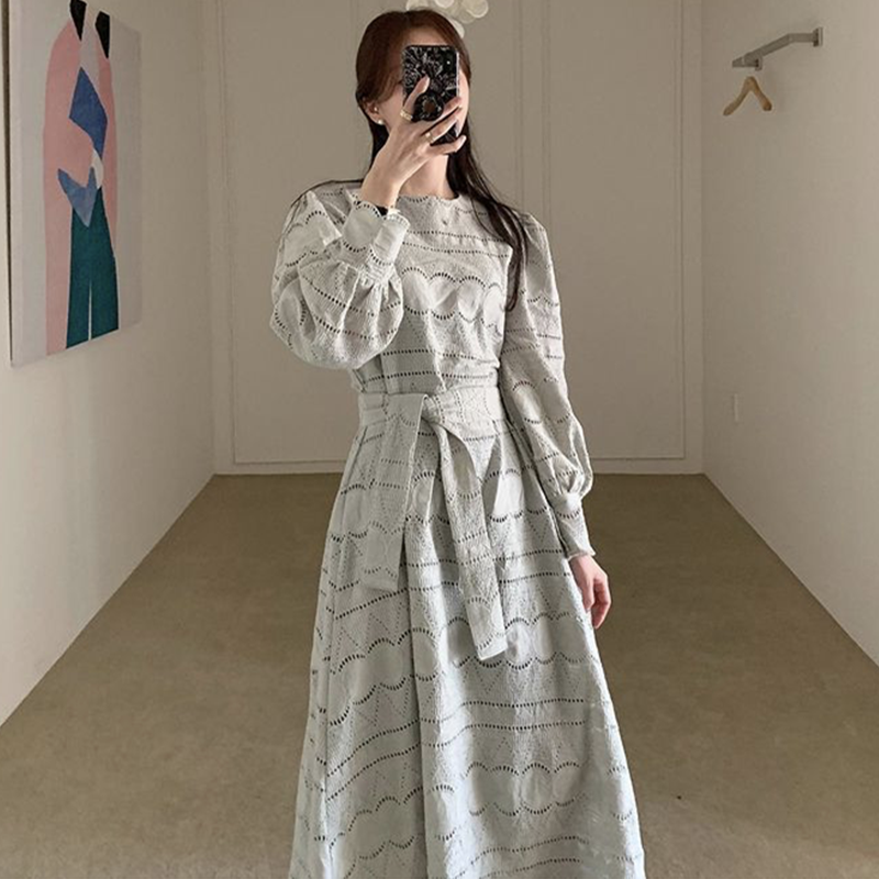 SuperAen francuski styl dworski O szyi koronki drążą stałe talii bufiaste rękawy połowy łydki sukienki dla kobiet