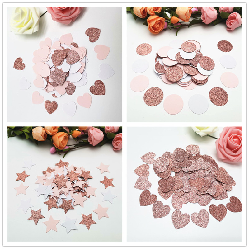 100pcs 3cm Glitter Rose Gold Card Paper Confetti Wedding Round/Heart/Star Confettis Birthday Party Supplies Baby Shower Decor