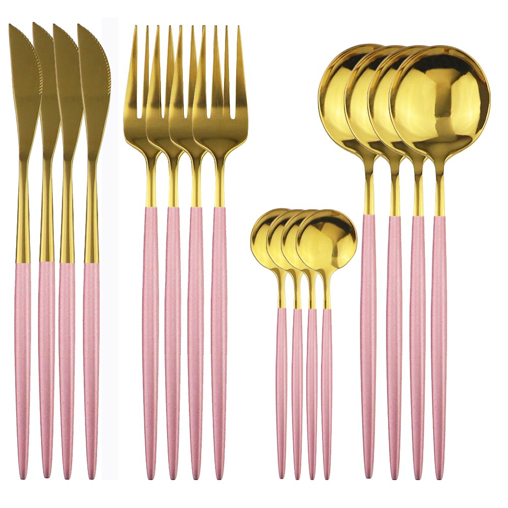 Service de vaisselle rose en acier inoxydable, 16 pièces, couverts dorés, service de table, couteau, fourchette, cuillère, argenterie: Pink Gold 16pcs