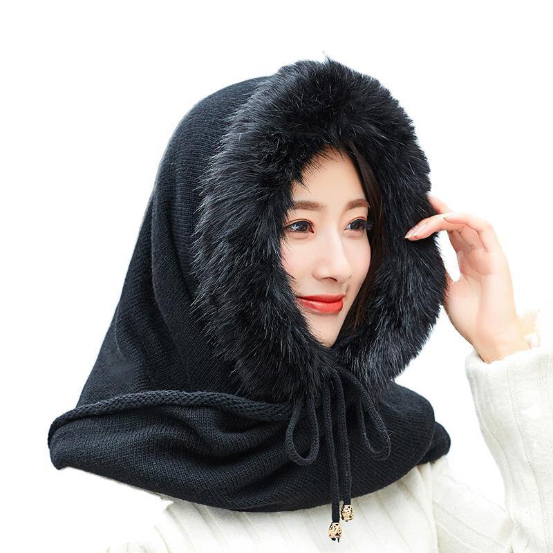 Adult Plus Velvet Hat Female Multi-Fuction Knitted Cashmere Hat Collar Set Winter Neck Warmer Hooded Earmuffs Warm Thickened