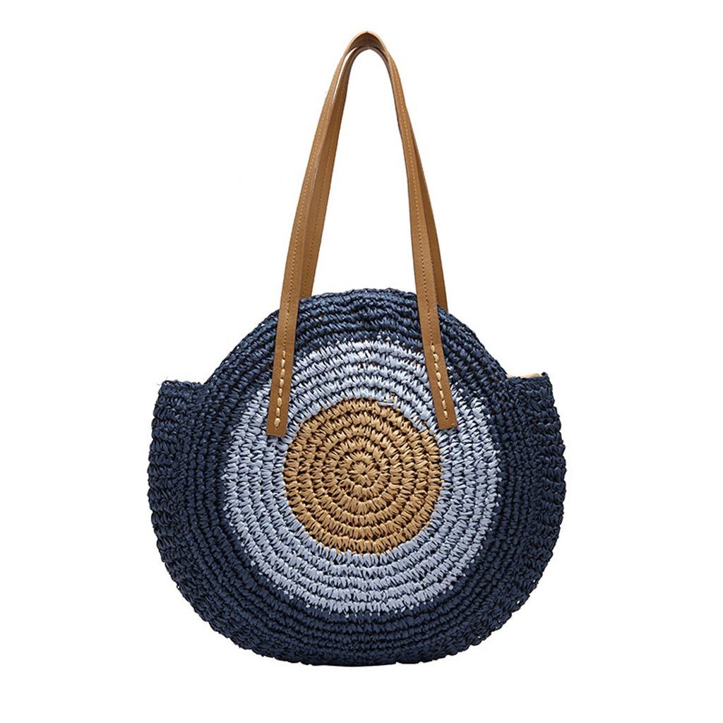 Round Straw Bags Women Summer Rattan Bag Handmade Woven Beach Bag Circle Bohemia Handbag Bali bolso paja#30: Blue