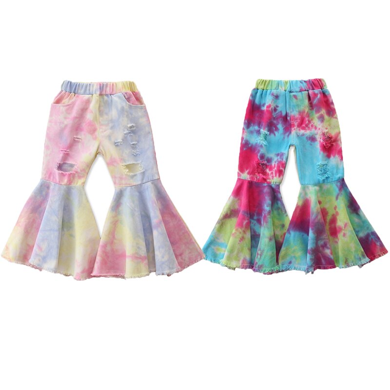 2-7Y Herbst Kleidung Kleinkind freundlicher Baby, Kleinkind Jungen Mädchen binden Farbstoff Drucken Elastische Zerrissene Jeans Hosen Lange Ausgestelltes Hosen