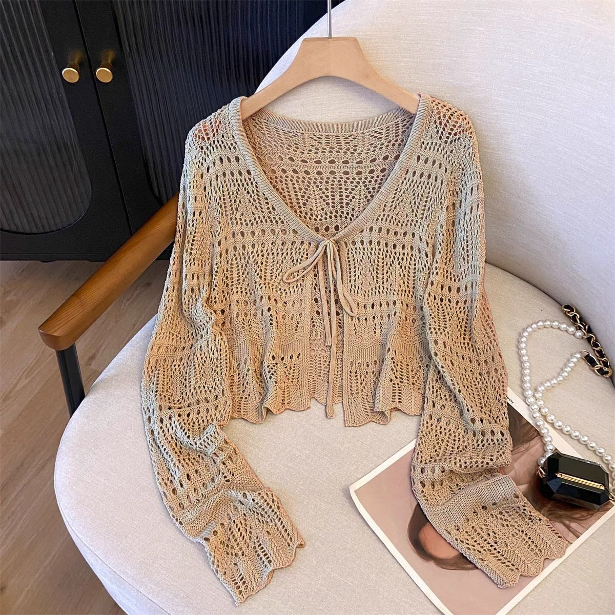 Sommer dünne Strickjacke aushöhlen Haken Langarm Sonnenschutz Schal Langarm kurze Spitzen: XL / Kakifarbig